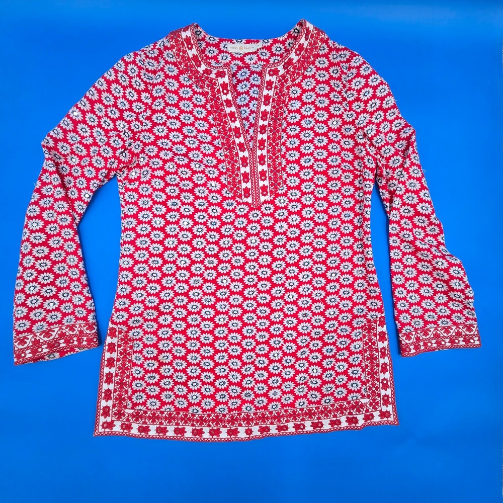 Tory Burch Red White Daisy Floral Embroidered Split Neck Tunic Top Size 10 - Picture 7 of 7